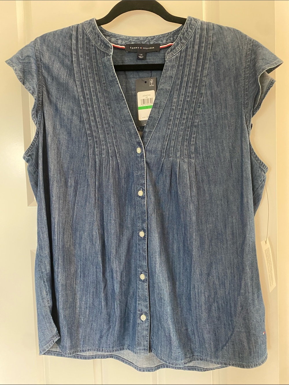 Tommy Hilfiger Denim Pintuck Button-Front Cap-Sleeve Blouse - Blue